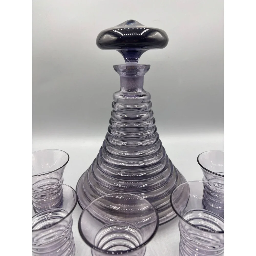 Vtg Purple Glass Beehive Decanter Set 5 Ribbed Shot Glasses Barware Unique EMPTY
